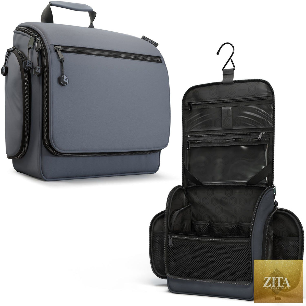 Gray and black VENTURE 4TH hanging travel toiletry bag with multiple compartments and sturdy hook for easy organization.