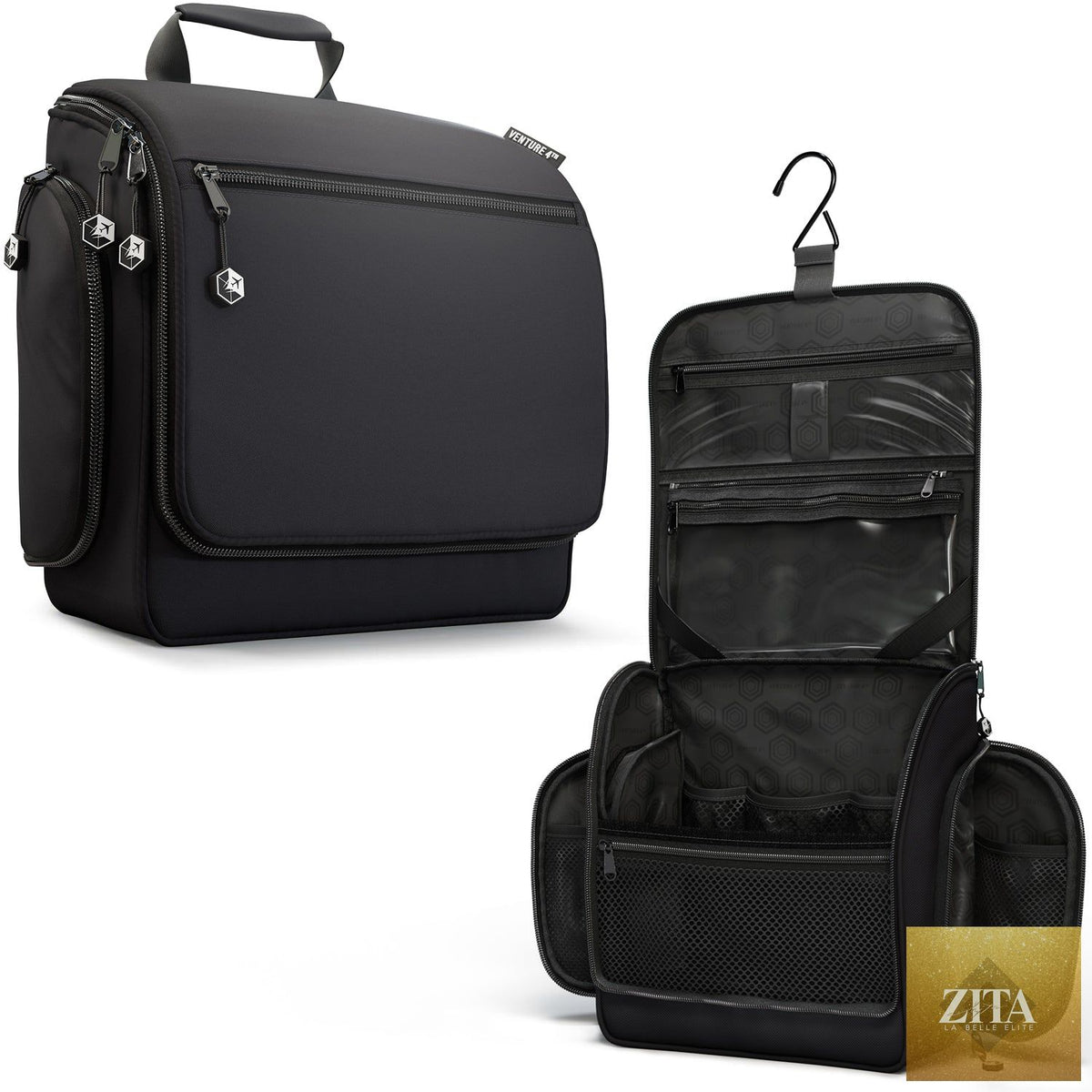 Venture 4th black hanging travel toiletry bag with multiple compartments and a sturdy hanging hook for organized packing.