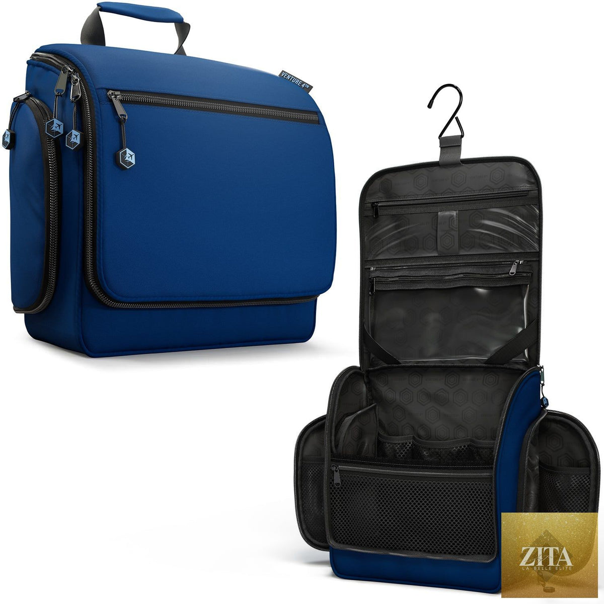 Navy blue and black VENTURE 4TH hanging travel toiletry bag with multiple compartments and hanging hook for easy packing.
