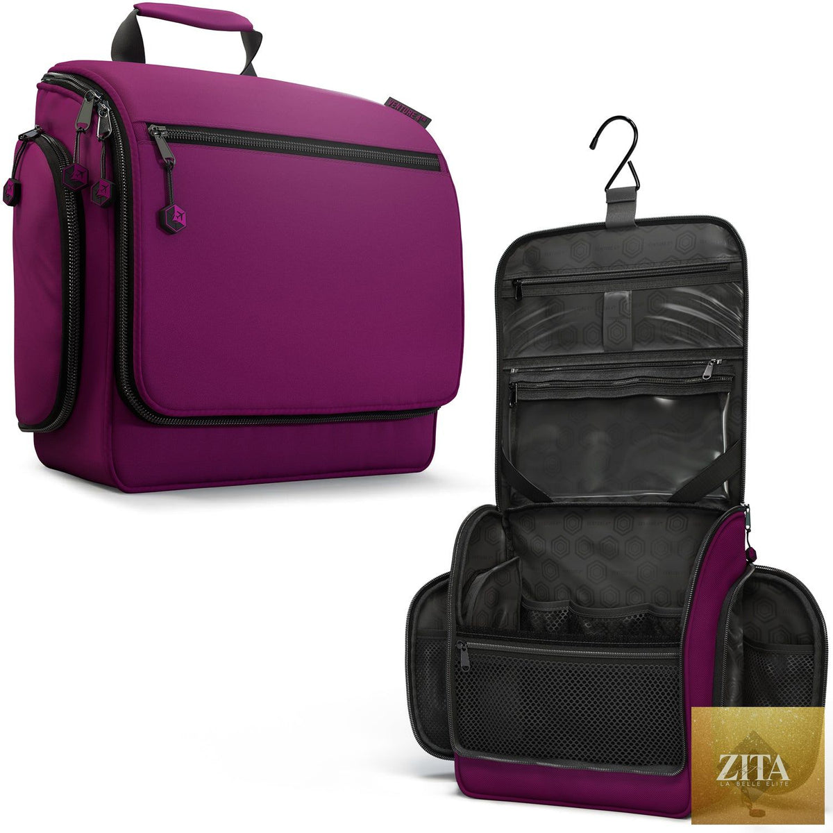 Venture 4th hanging travel toiletry bag in purple and black with multiple compartments for toiletries and grooming essentials.