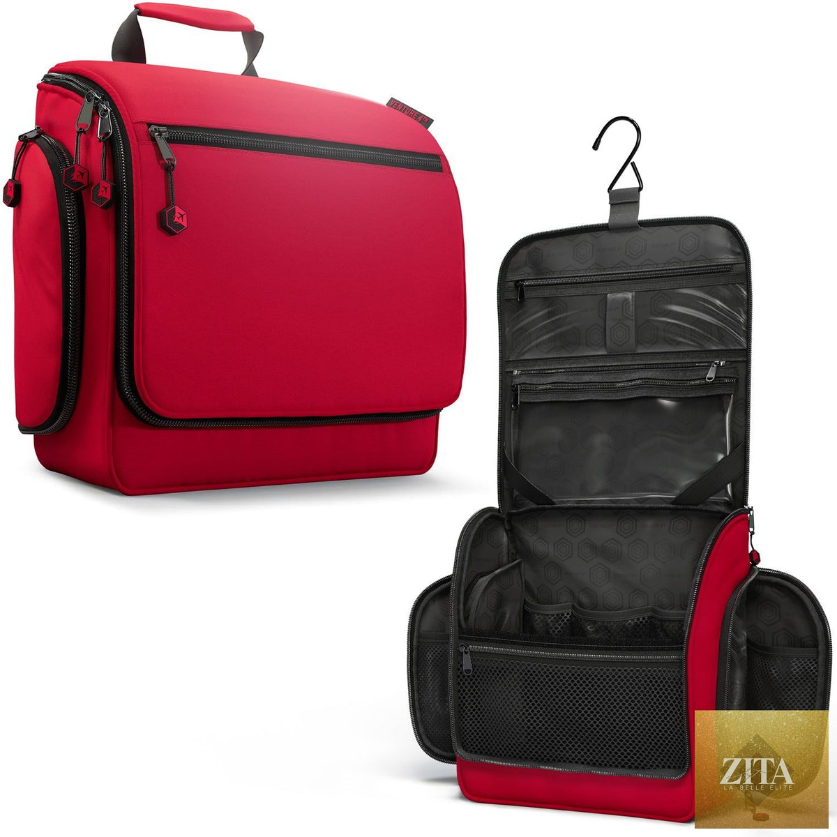 Venture 4th hanging red and black toiletry bag with zippered compartments, compact travel toiletry bag for personal care essentials
