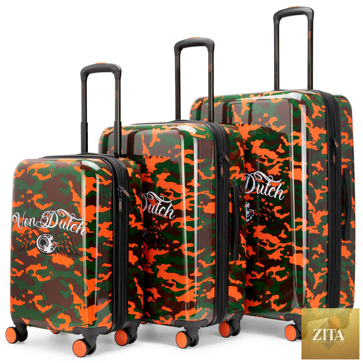 Travellty Kustom Kulture 3-piece expandable hardside spinner luggage set with camo design, durable and spacious for travel.
