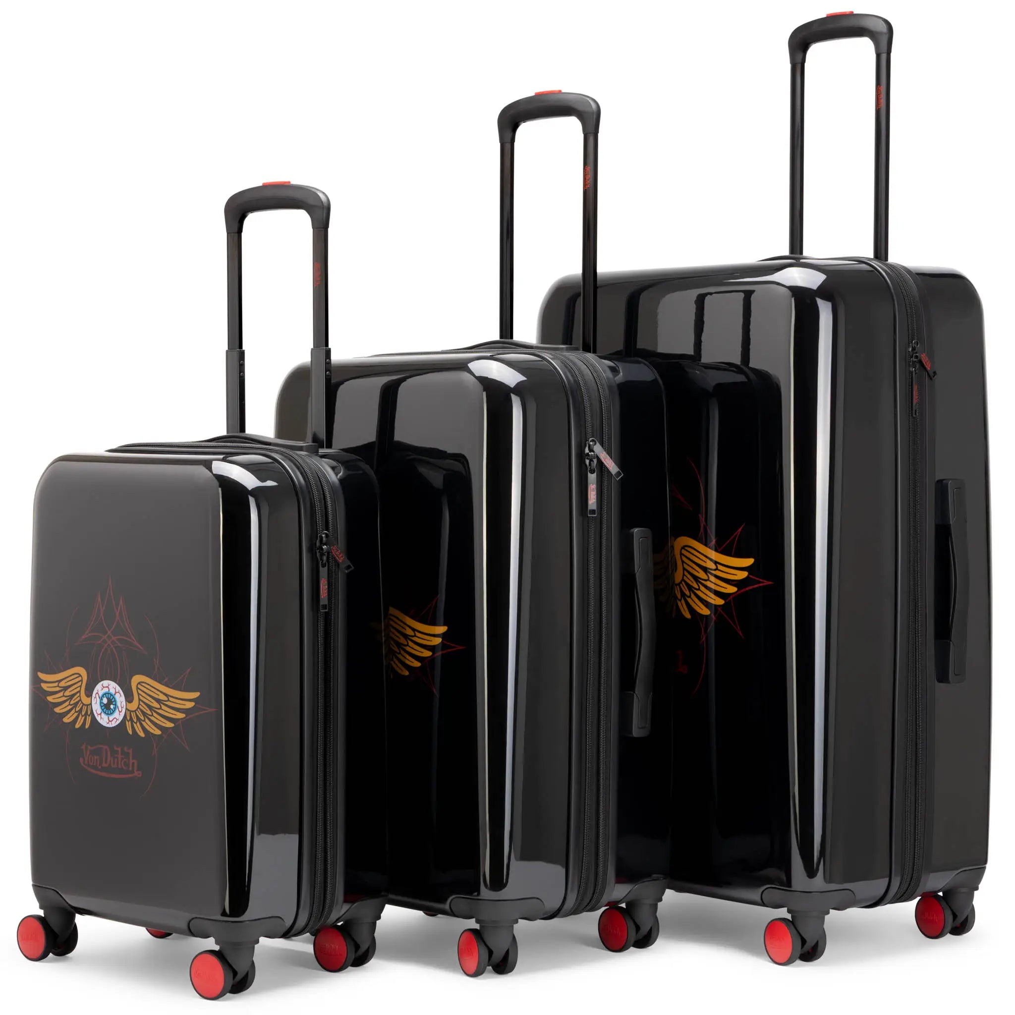 Travelly Kustom Kulture 3-piece expandable hardside spinner luggage set in black with eye-catching design, includes carry-on and checked sizes.