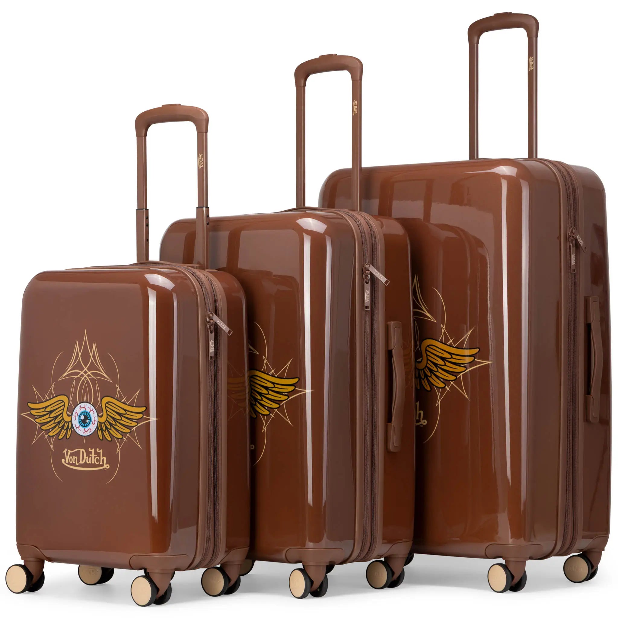 Travellty Kustom Kulture 3-piece expandable hardside spinner luggage set with brown eye pattern, main angle view.