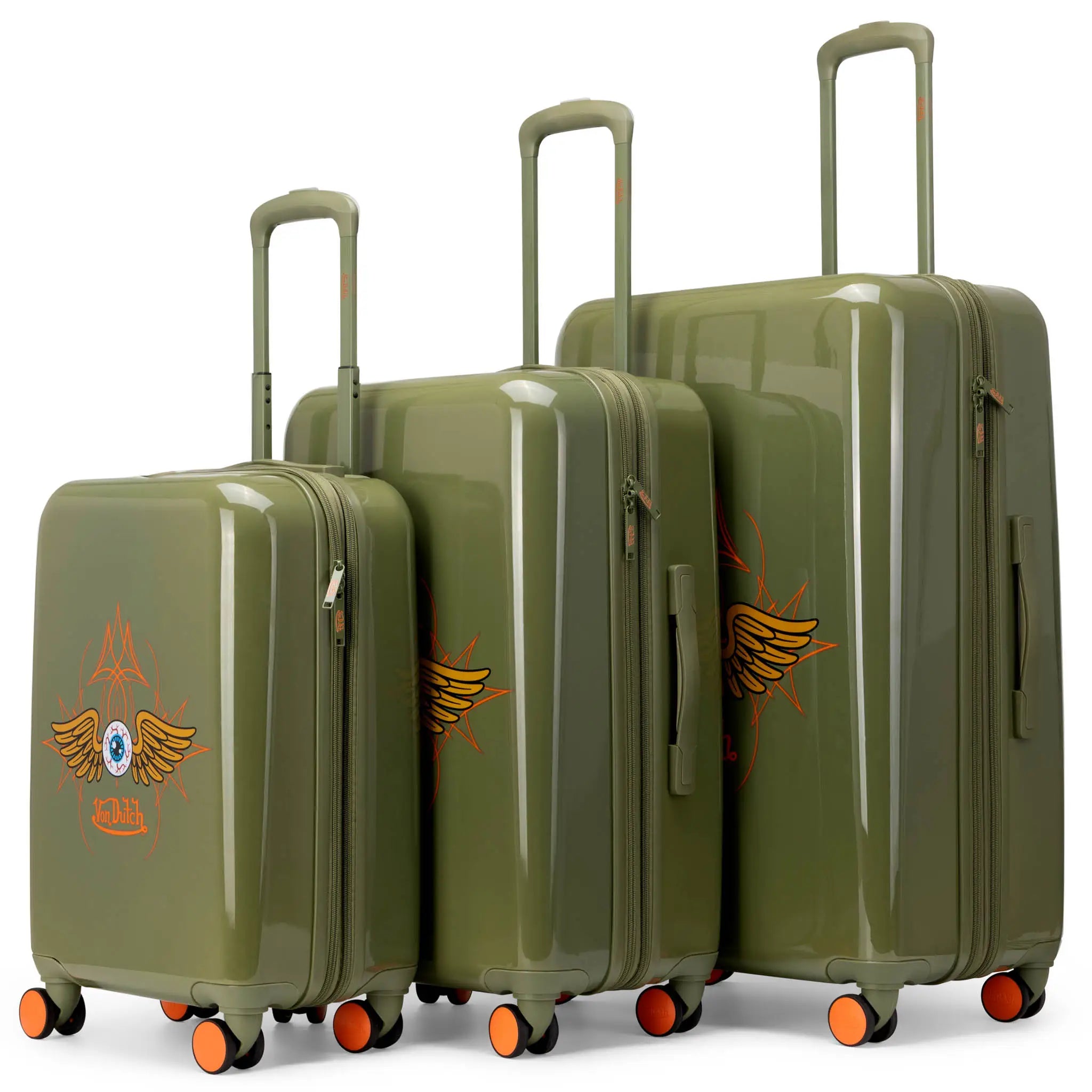 Travellty Kustom Kulture 3-piece expandable hardside spinner luggage set with olive green finish, viewed from main angle.