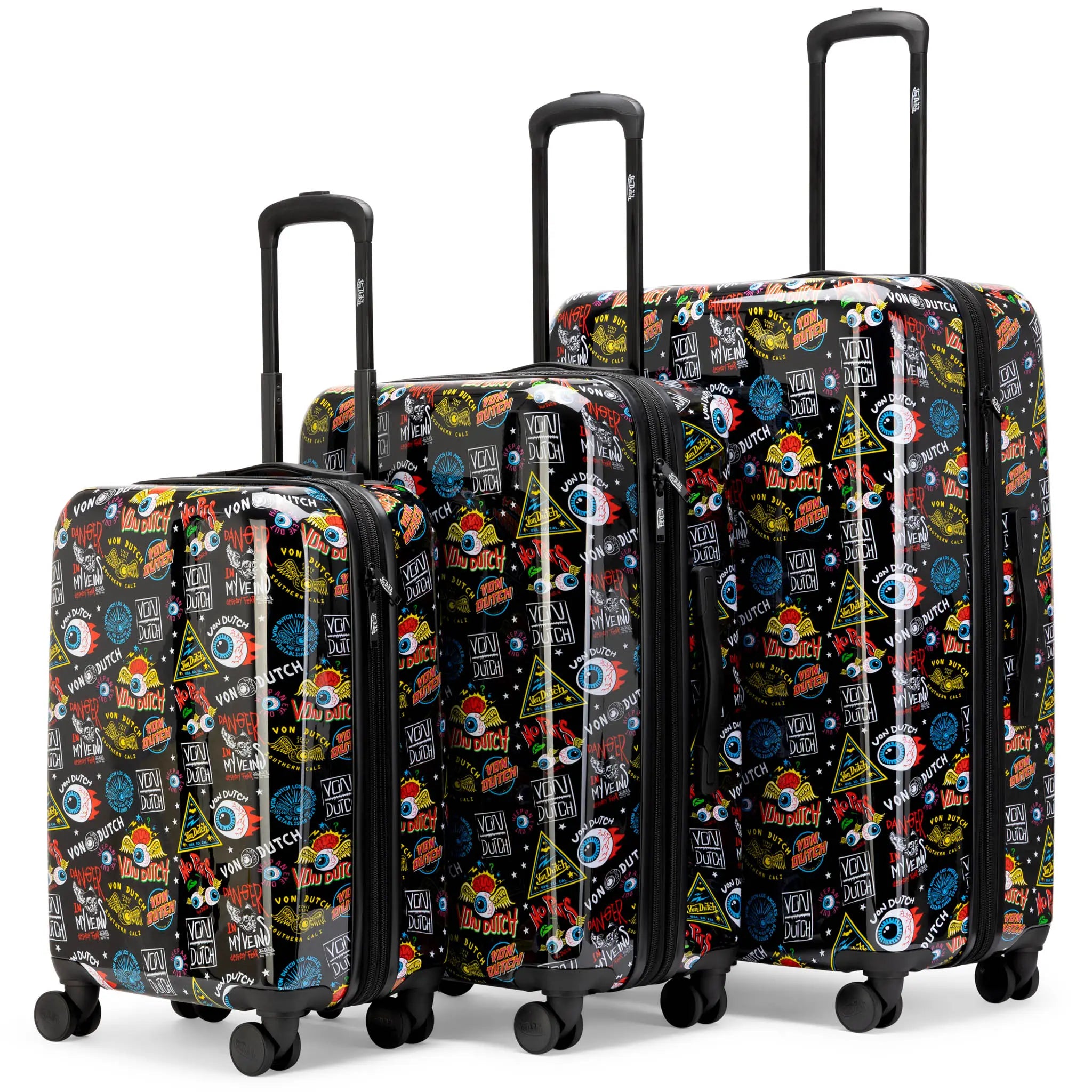 Travellty Kustom Kulture 3-piece expandable hardside spinner luggage set in black with modern design, featuring multiple compartments and wheels.
