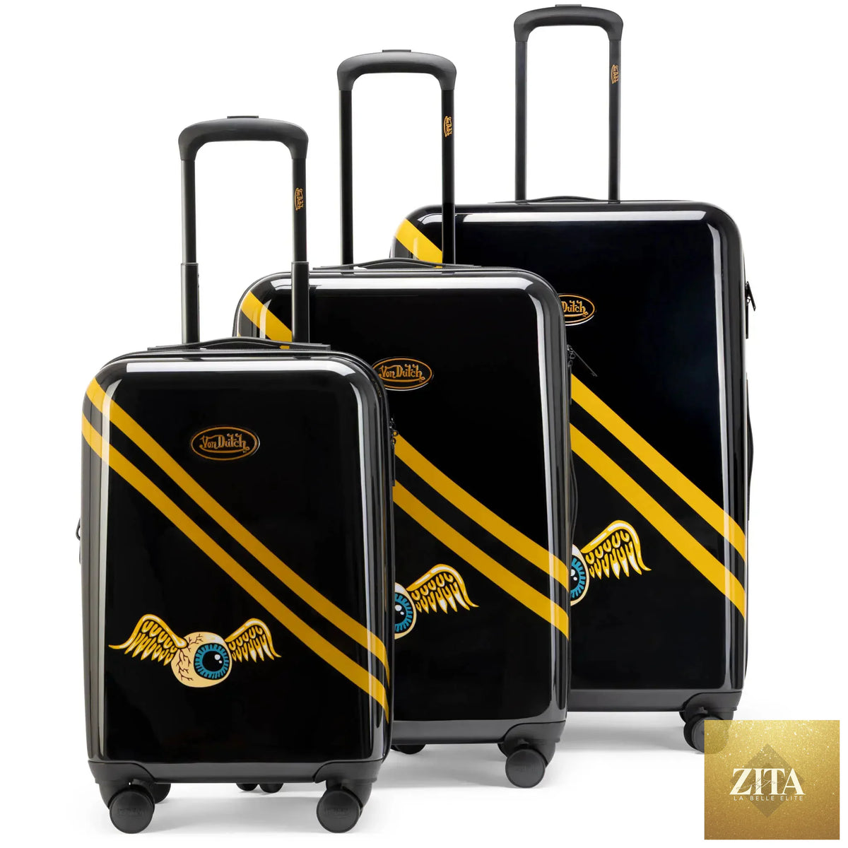 Travellty Kustom Kulture 3-piece expandable hardside spinner luggage set with front view and modern design