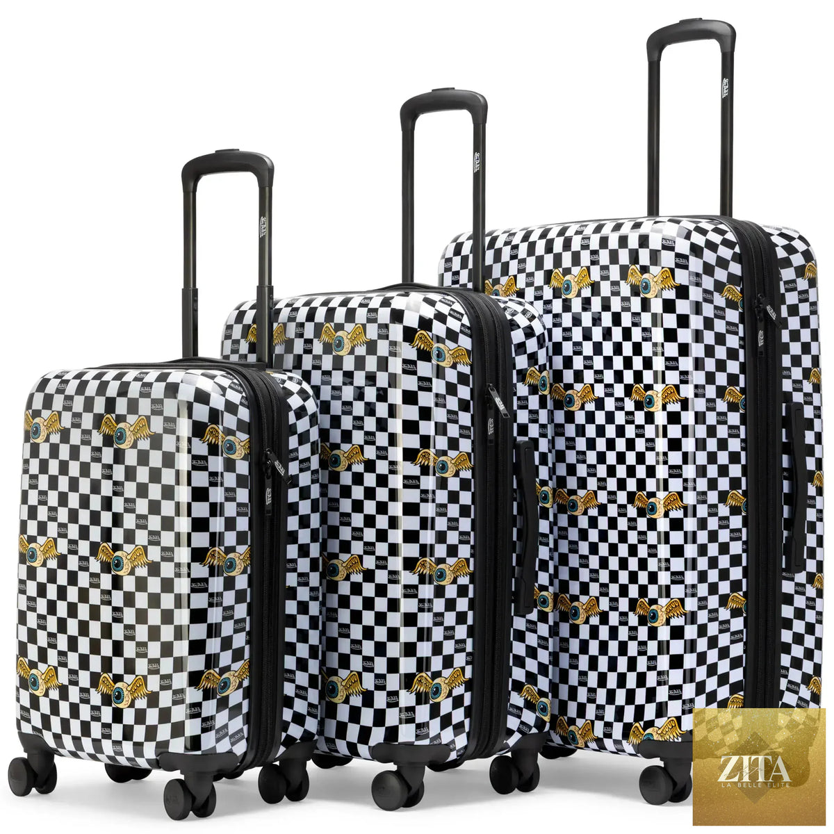 Travellty Kustom Kulture 3-piece expandable hardside spinner luggage set with sleek design and multiple compartments.