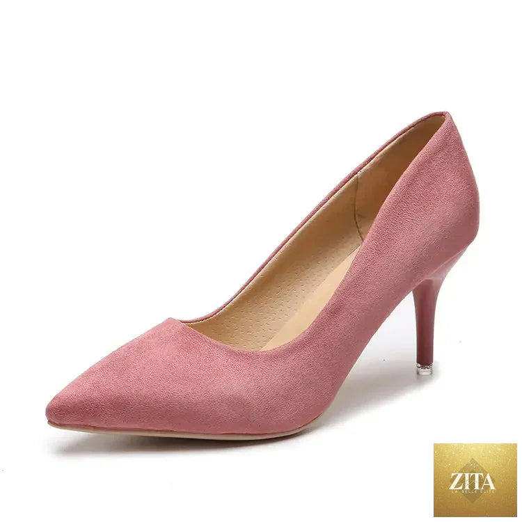 Women's suede high heel pointed shoes in black with stiletto heels, stylish footwear from Trendy Attic Store01.