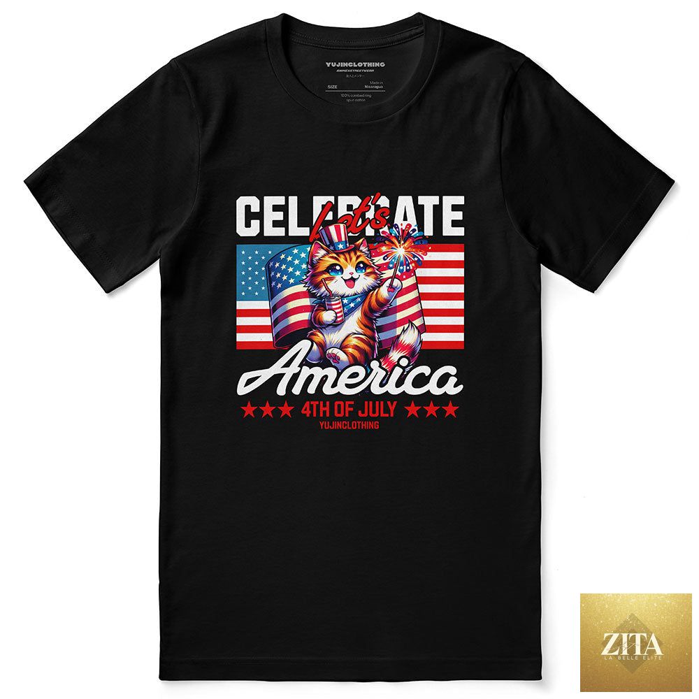 Front view of Zita La Belle Elite Celebrate 4th July Cat T-Shirt featuring patriotic design and festive July 4th graphics.