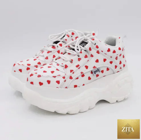 White heart-shaped platform women's sneakers with thick soles, stylish and trendy footwear from Trendy Attic Store01.