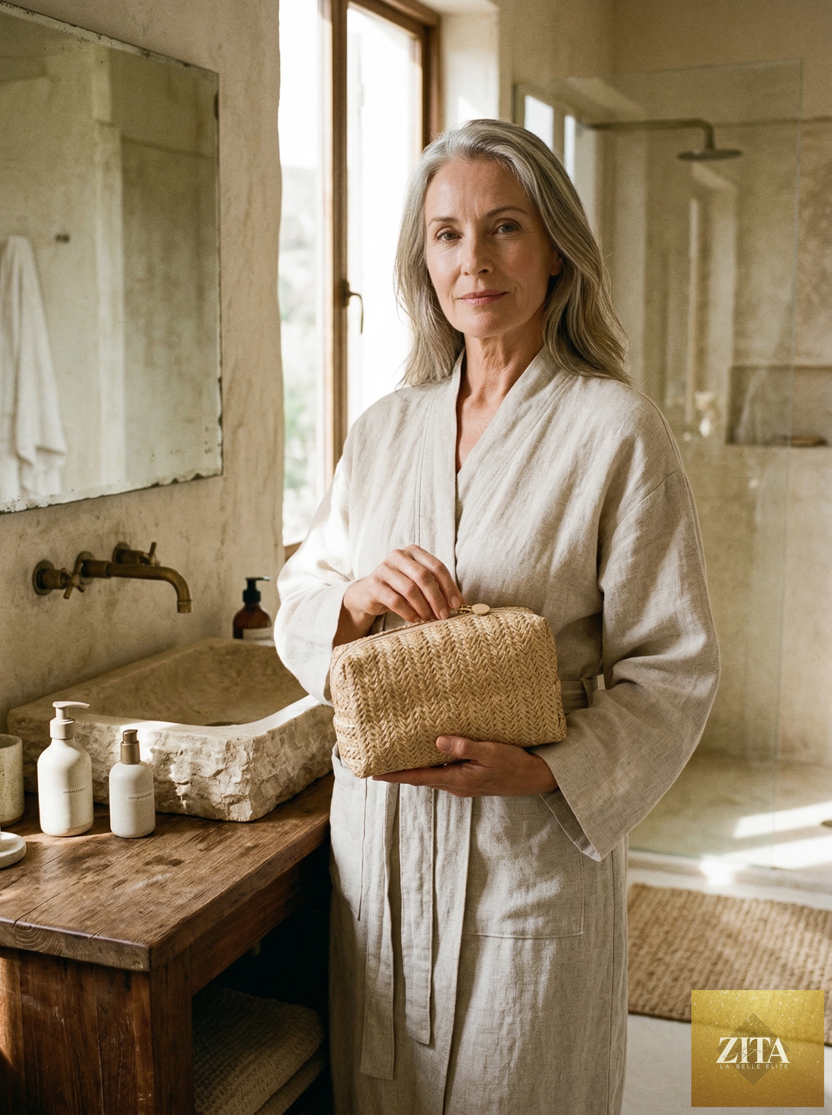 Vintage woven straw makeup bag by LINTICO, travel cosmetic and toiletry organizer pouch with a classic design.