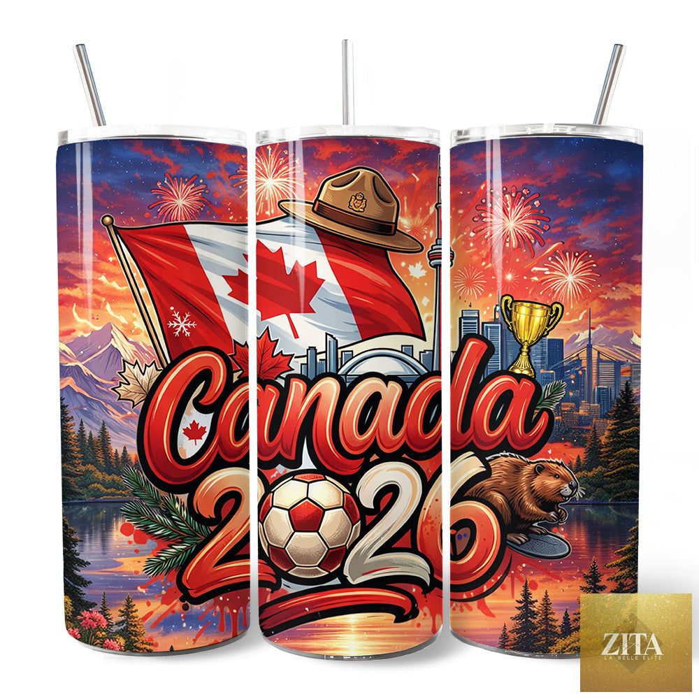 Canada 2026 Soccer Cup tumbler by Zita La Belle Elite, 20oz stainless steel with lid and straw, perfect for football fans.