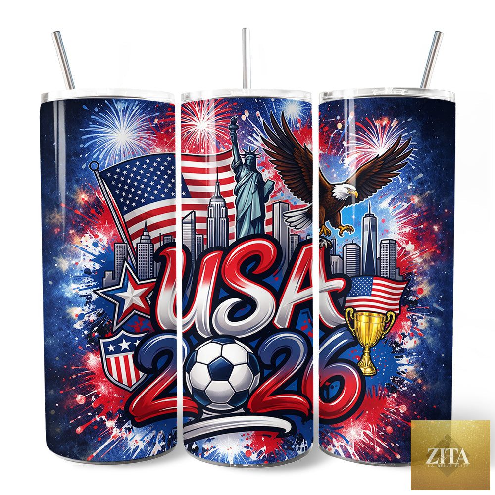 Zita La Belle Elite USA 2026 Soccer Cup 20oz tumbler with lid and stainless steel straw, featuring fans football design.