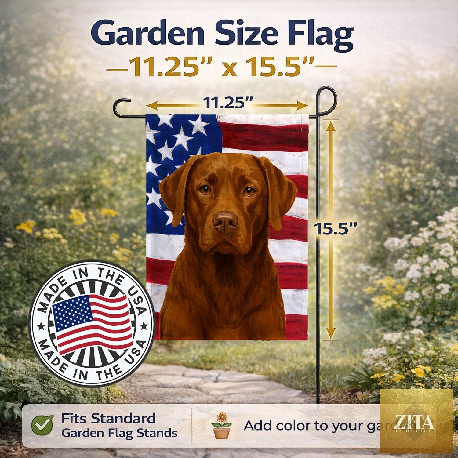 Chocolate Labrador Retriever American flag garden flag with mailbox decoration, vibrant multicolor outdoor yard banner for garden or patio.