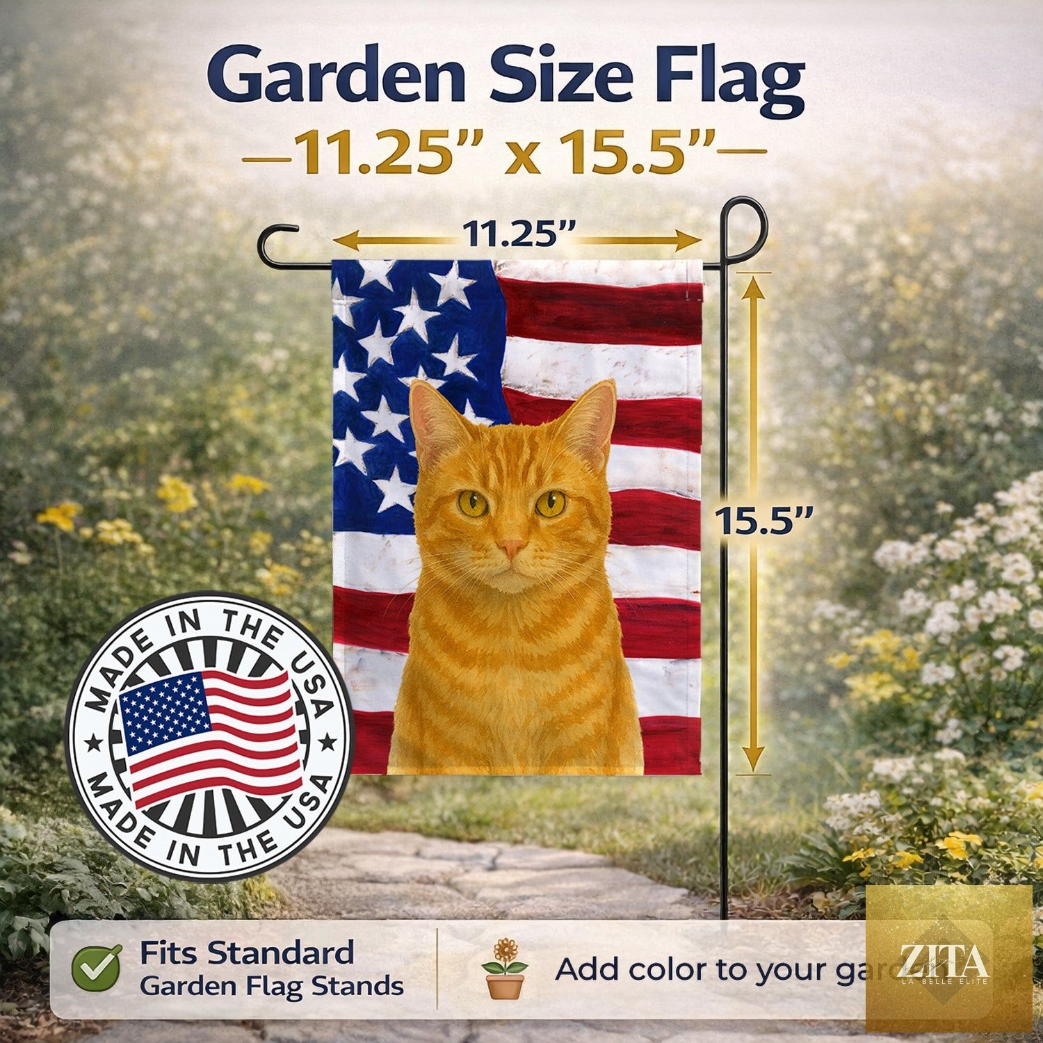 Multicolored orange classic cat garden flag with American design, decorative mailbox banner for yard, patio, and flower beds.