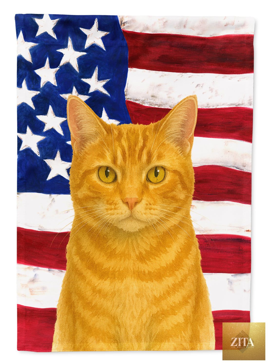 Multicolor Orange Classic Cat garden flag with American flag design, decorative yard banner for mailbox, patio, and flower beds.