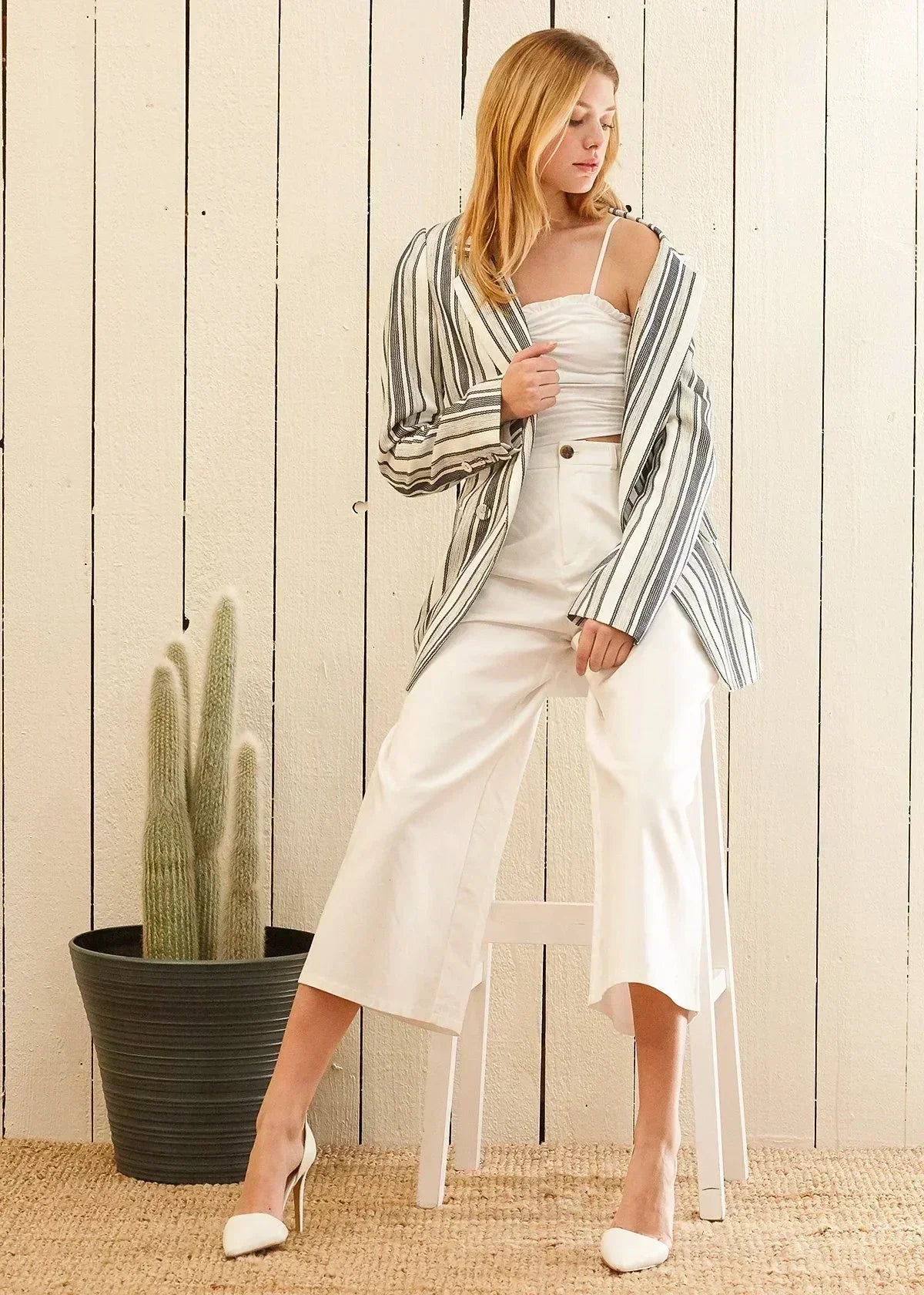 Blue and white striped double-breasted tweed blazer by Femstylo, stylish jacket with tailored fit and classic design.