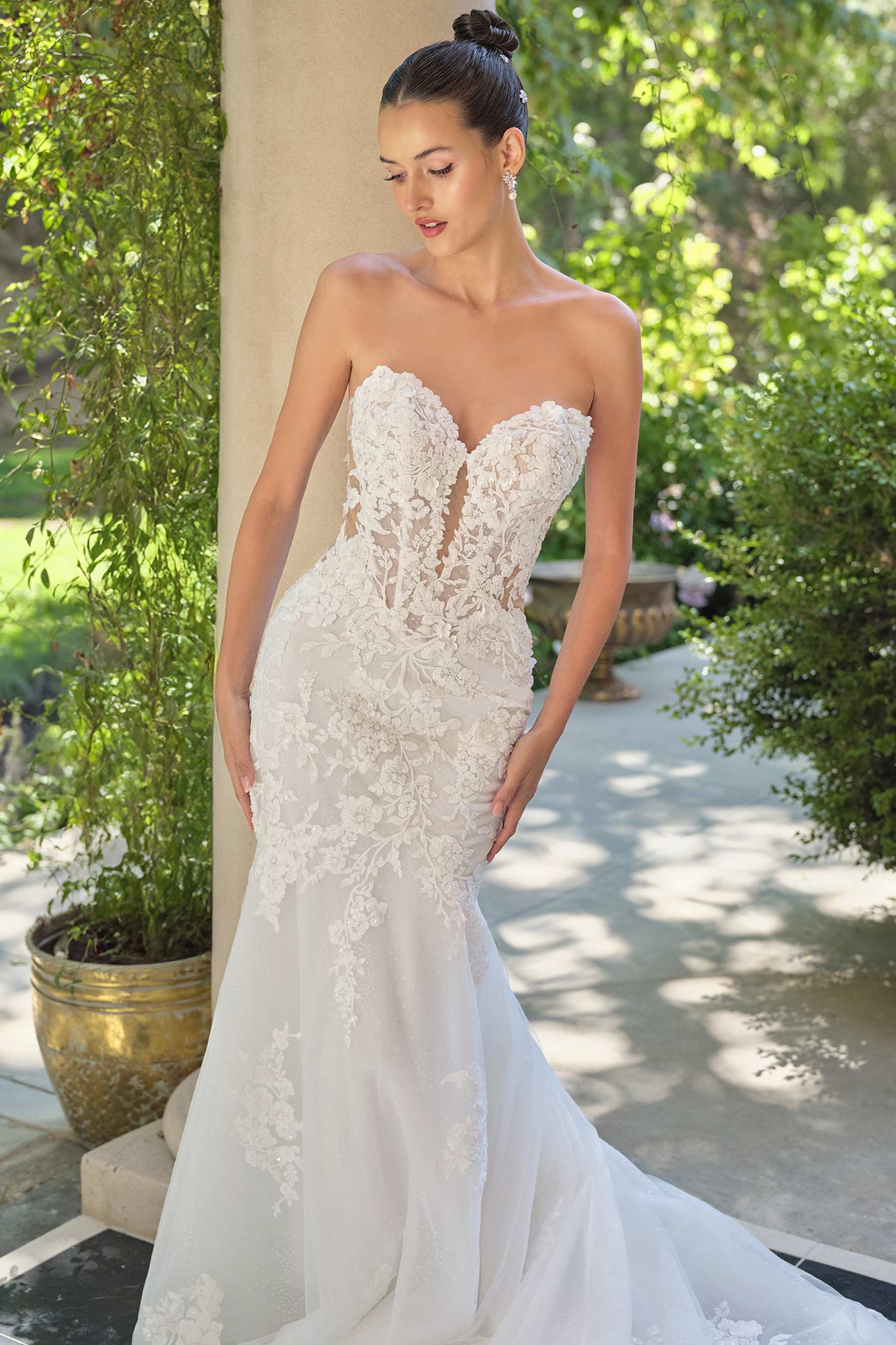 White Andrea & Leo WL065 mermaid bridal gown with removable sheer lace sleeves, elegant wedding dress with fitted silhouette.