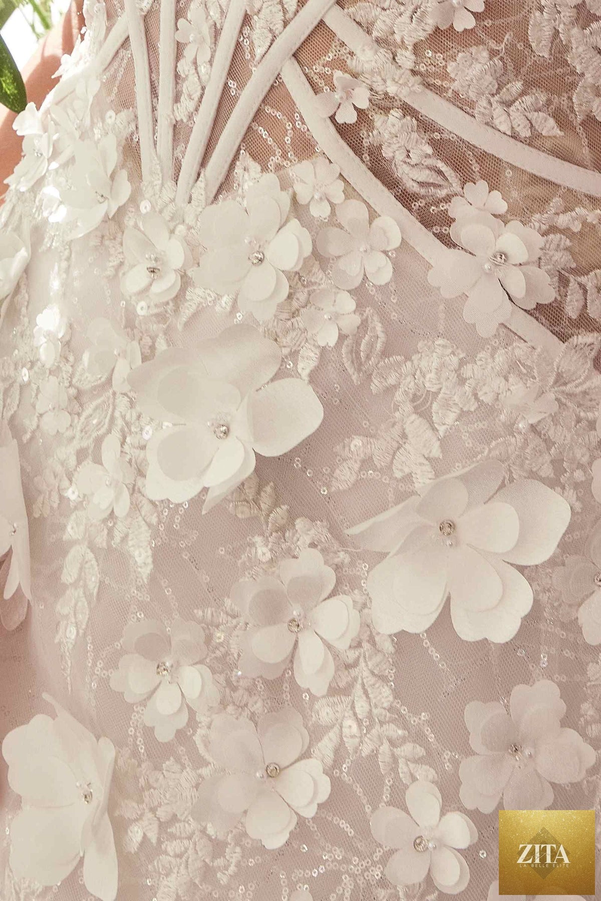Off-white Andrea & Leo strapless midi bridal dress with deep sweetheart neckline, designed by DiscountDressShop.