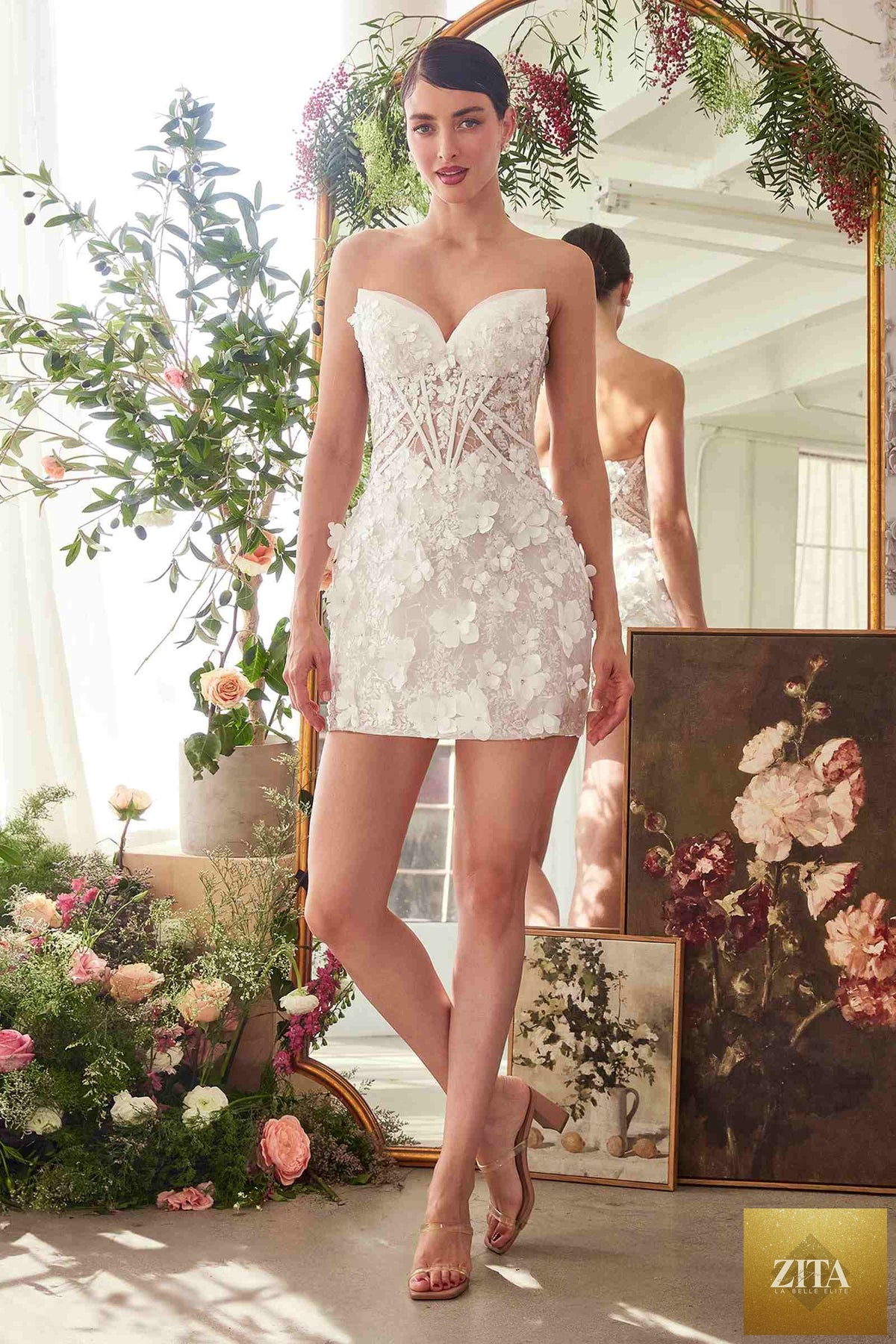 Off-white Andrea & Leo WL083 strapless sweetheart midi bridal dress with a fitted bodice and elegant hem, perfect for weddings.