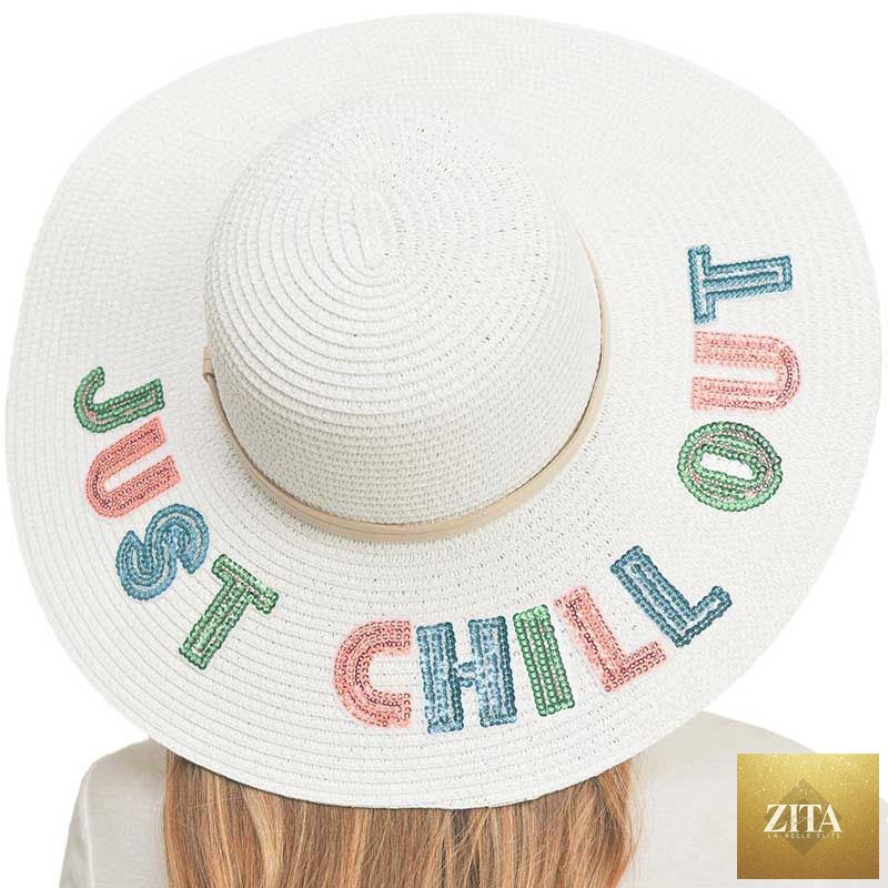 Just Chill Out Sequin Message Straw Panama Sun Hat