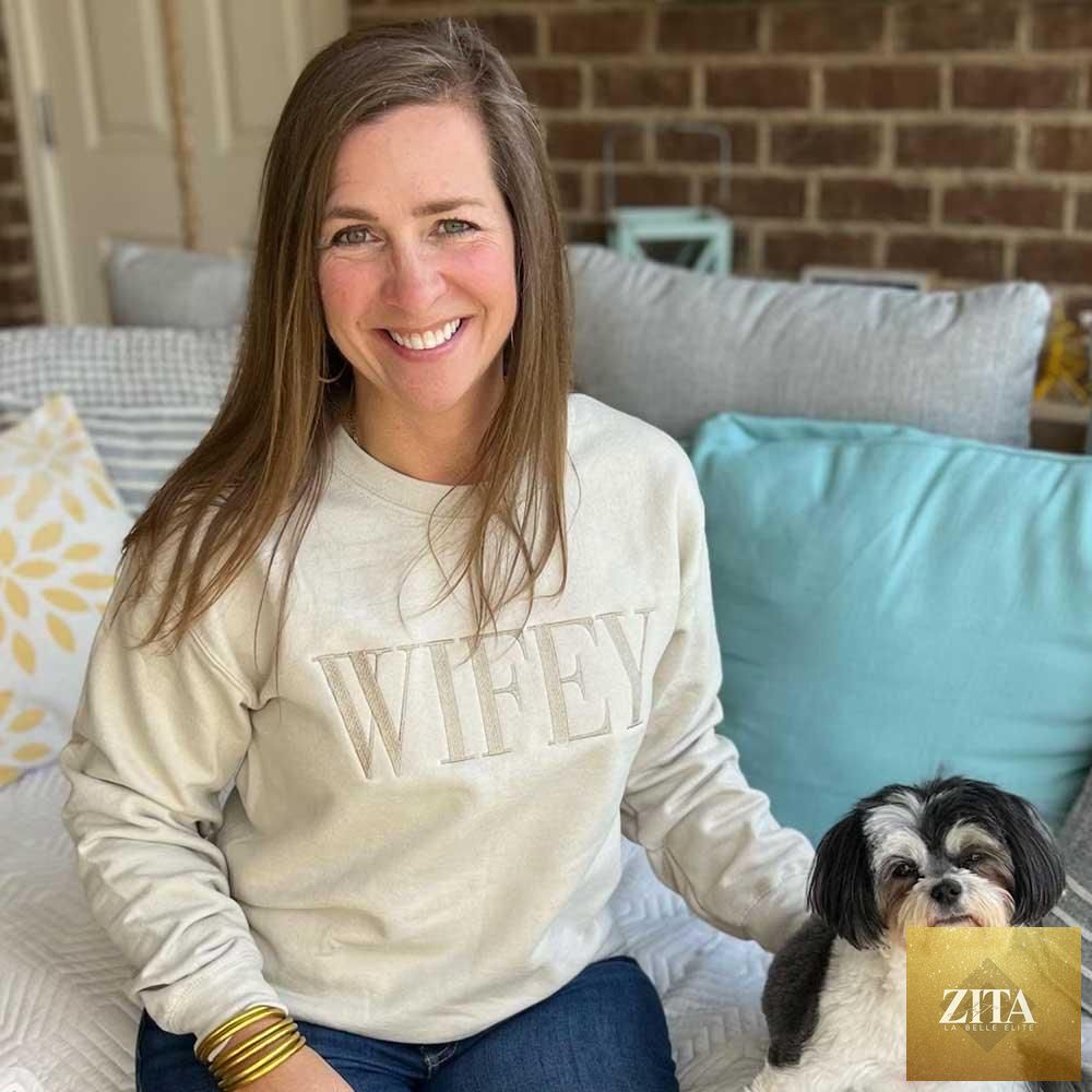 Embroidered "Wifey" sweatshirt by Adorb Custom Tees, cozy crewneck in champagne sand, perfect gift for her, casual and stylish.