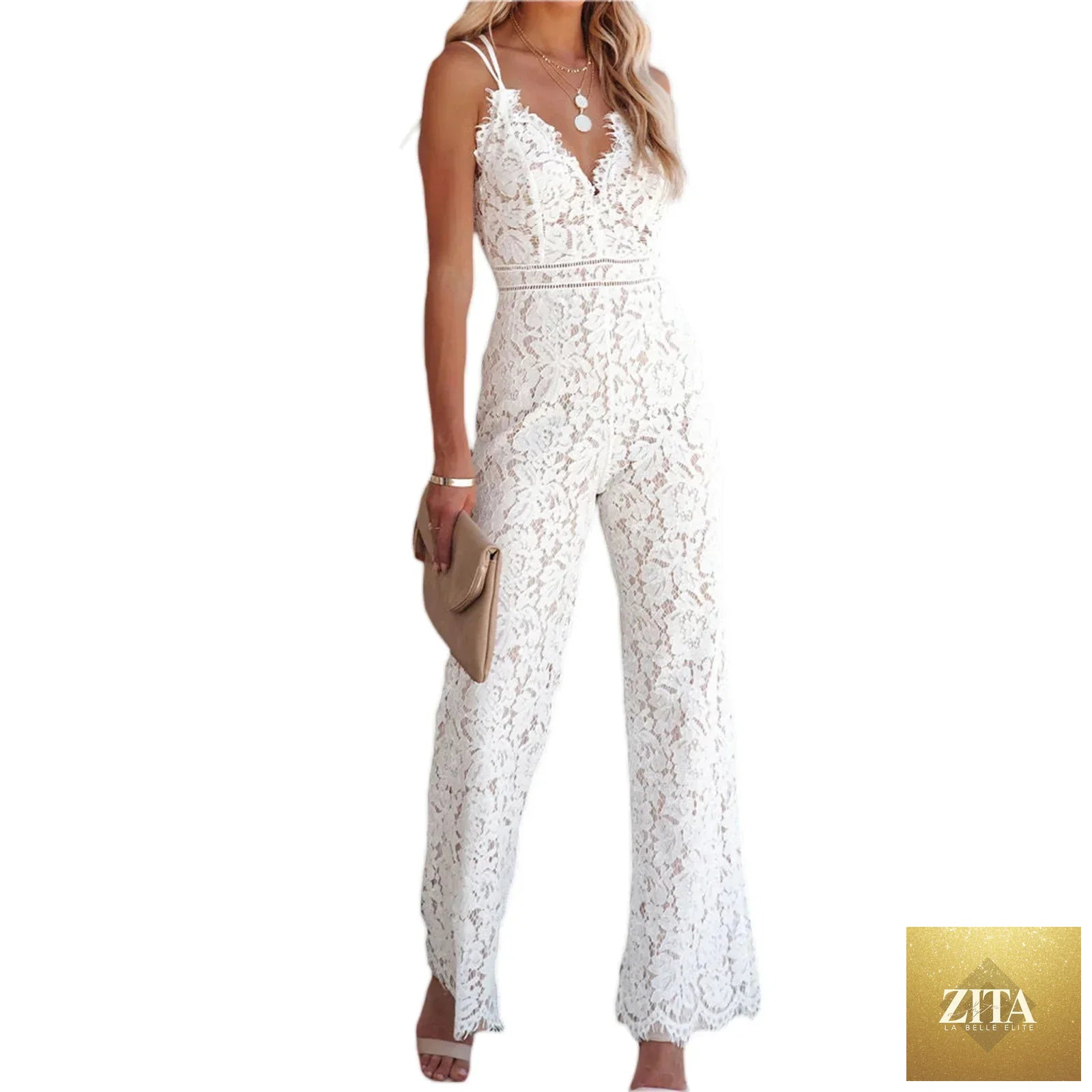 Women Elegant Jumpsuit Spaghetti Straps V Neck Solid Color Lace Open Back OnePiece Wide-leg Jumpsuits Long Playsuit