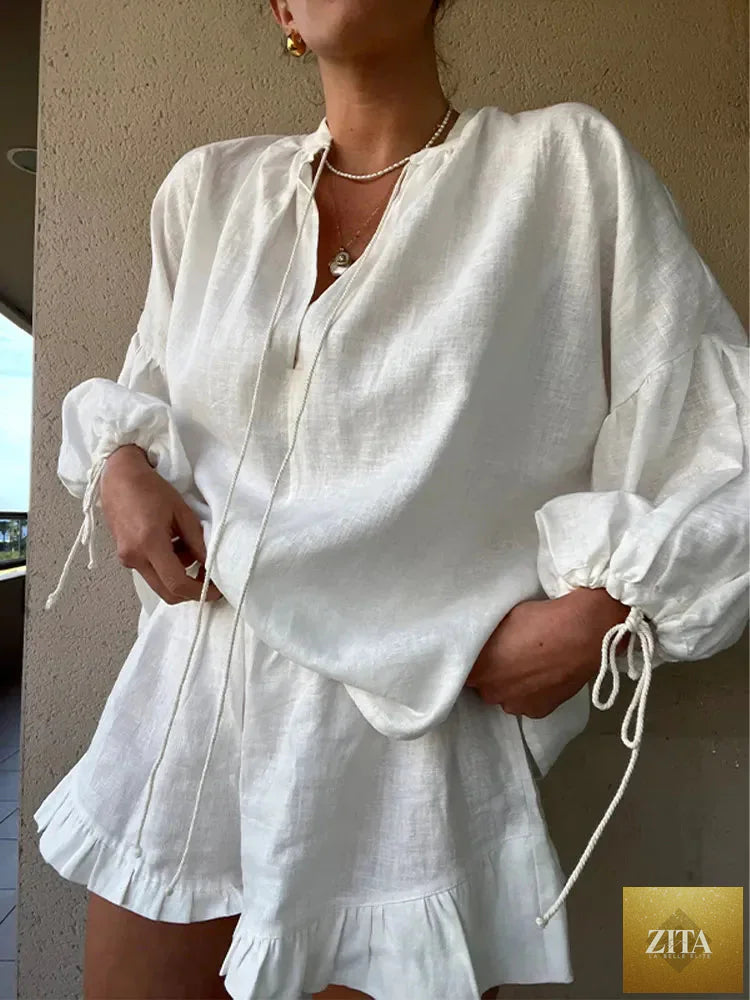Women's solid cotton linen ruffle shorts suit with V-neck, long sleeves, and drawstring waist in a loose 2-piece set.