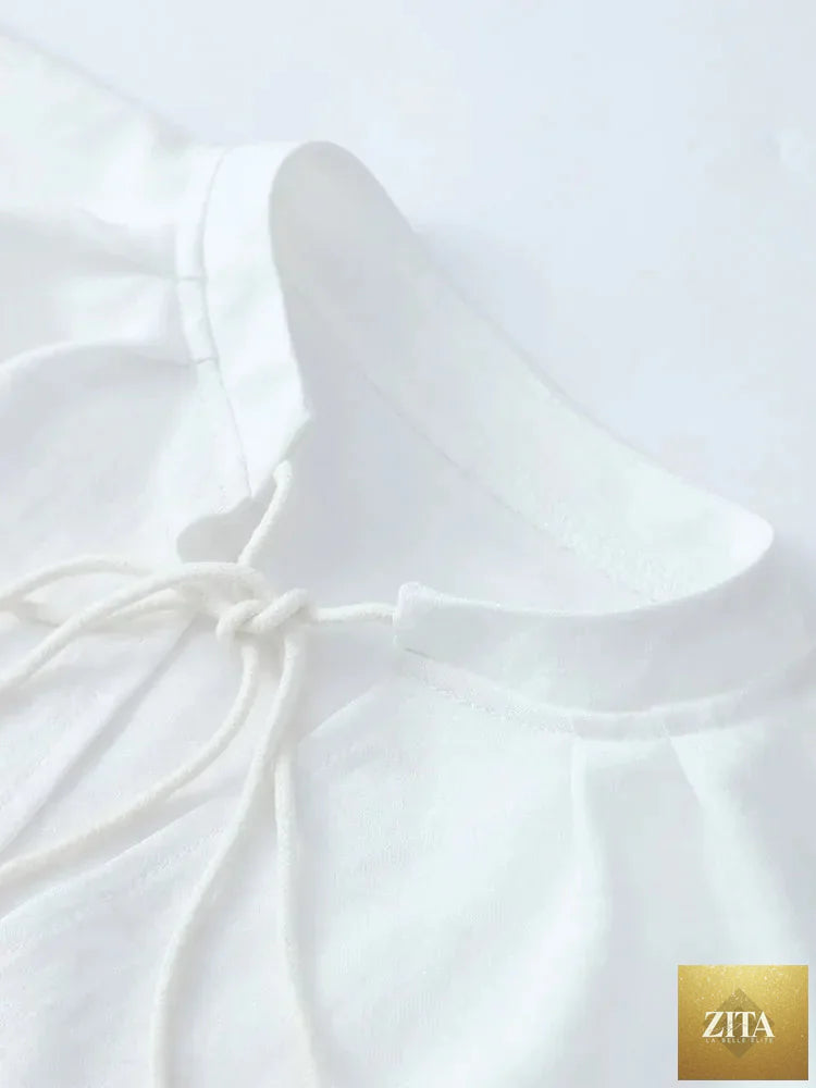 Women's cotton linen ruffle shorts suit with V-neck long sleeves, drawstring waist, loose fit, two-piece set by nowadaysfashion.