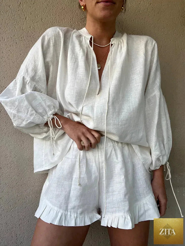 Women’s solid cotton linen ruffle shorts suit with V-neck, long sleeves, drawstring waist, loose fit, two-piece set by nowadaysfashion