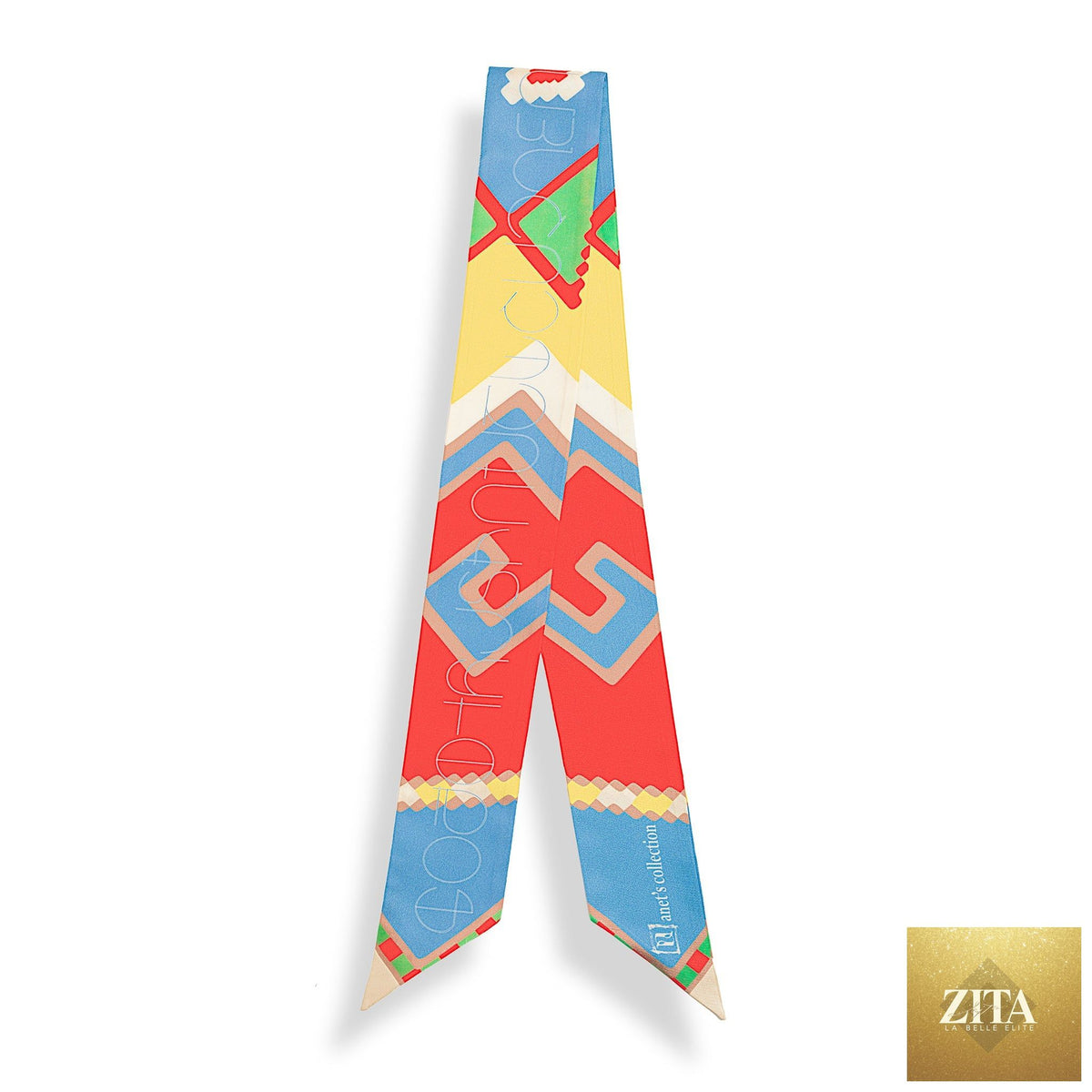 Women wearing Armenian alphabet and rug design neck bow scarf from Anet's Collection LLC, showcasing colorful traditional patterns.