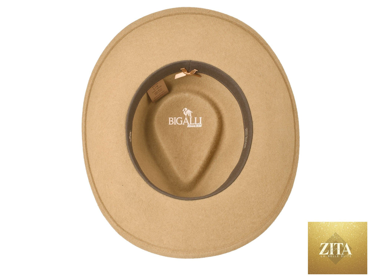 Bigalli Hats USA wool felt fedora with a classic wide brim and regal style, showcasing elegant craftsmanship and timeless design.