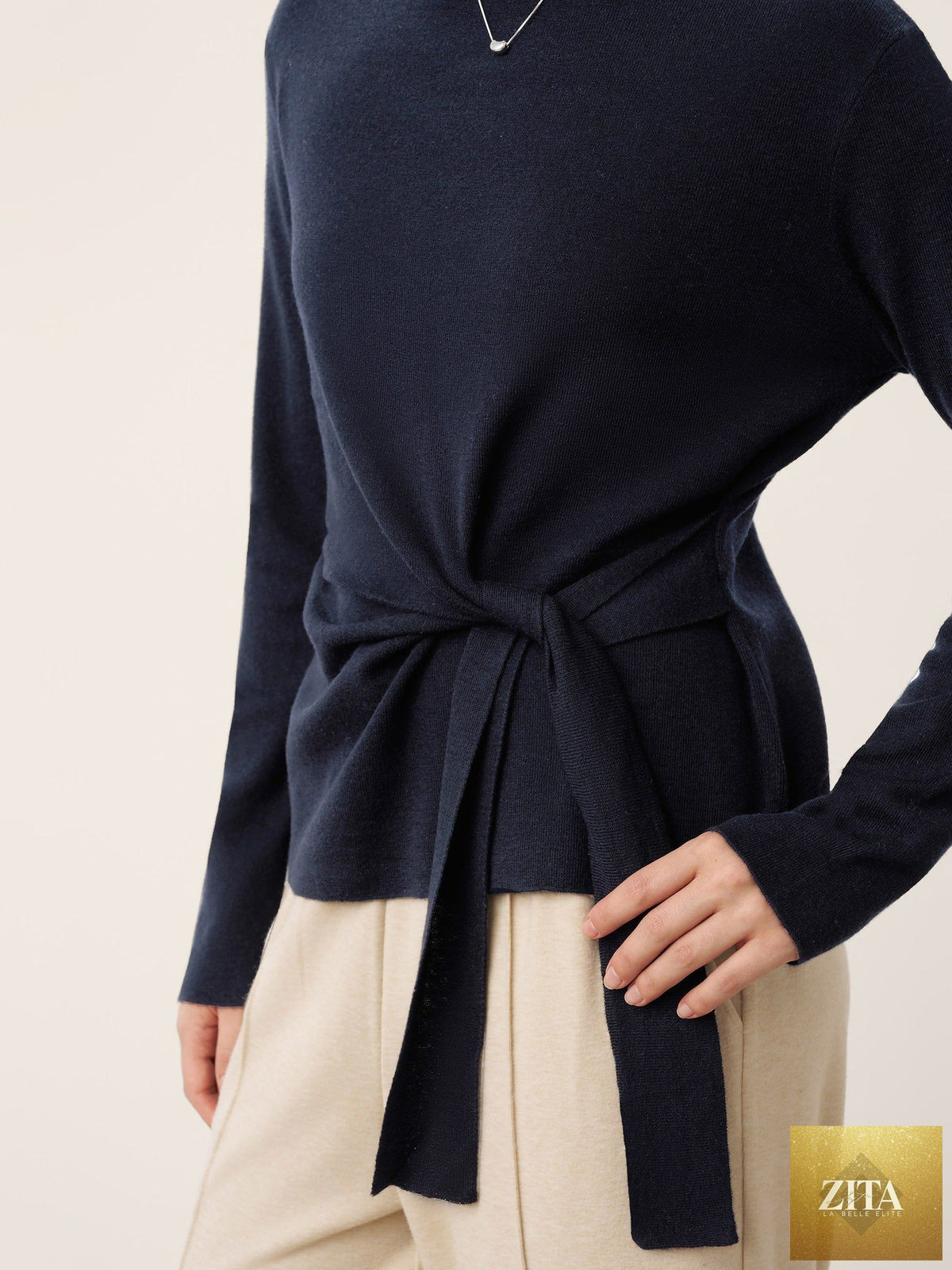 Merino Wool Belted Waist Boat Neck Top NATALIA