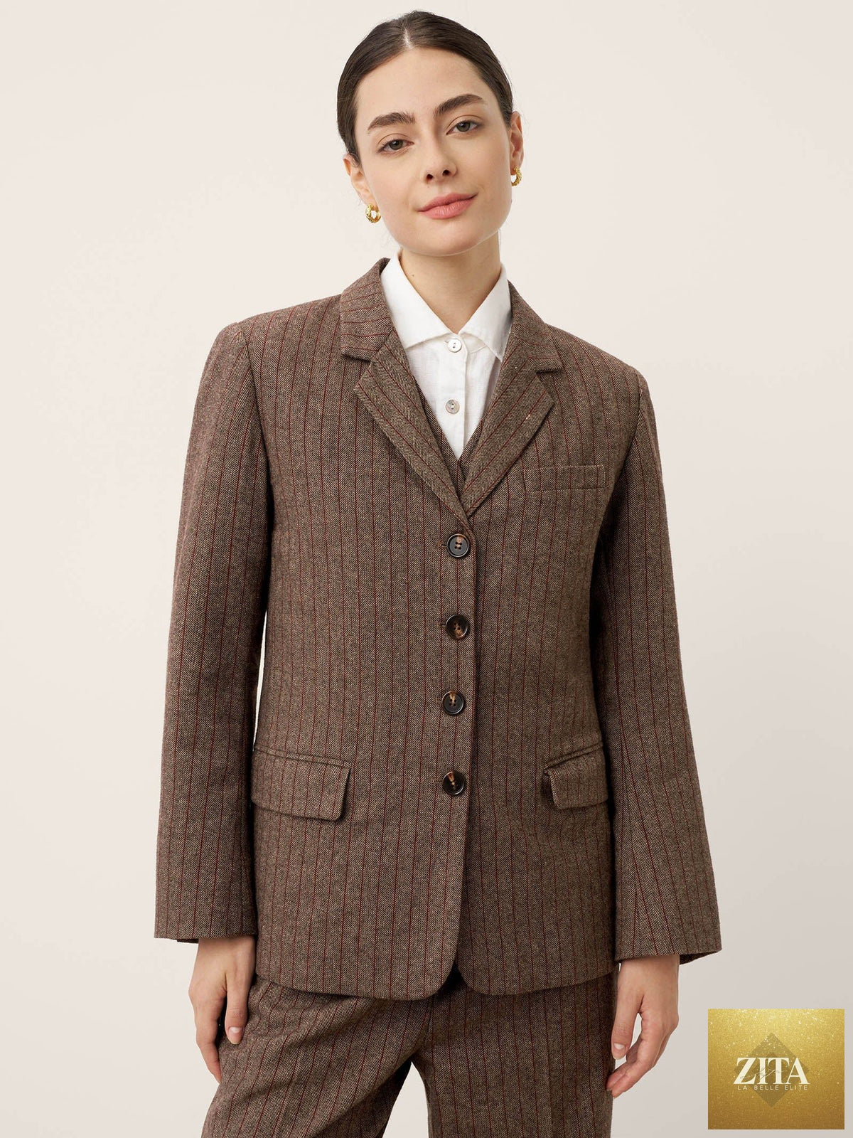 Wool Striped Notched Lapel Suit Blazer DAPHNE