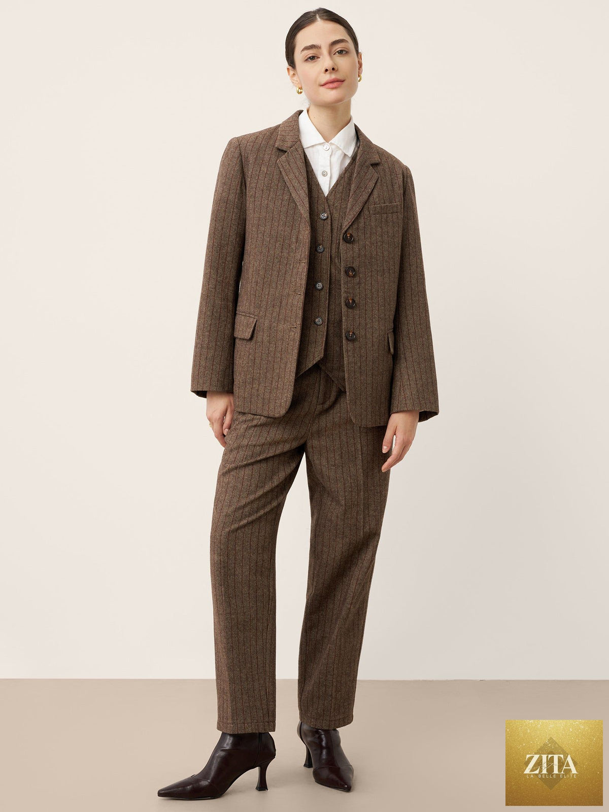 Wool Striped Notched Lapel Suit Blazer DAPHNE