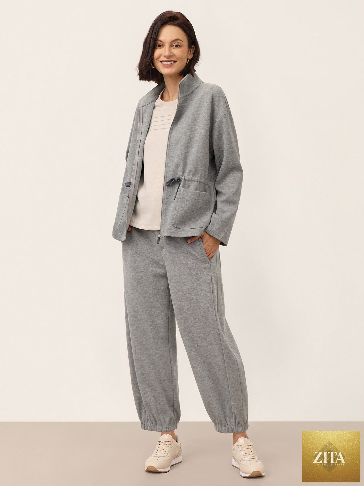 Wool Mid Waist Curved Leg Drawstring Hem Pants ZORELLE