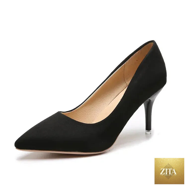 Women's suede high heel pointed shoes in neutral color, stylish women’s shoes from Trendy Attic Store01
