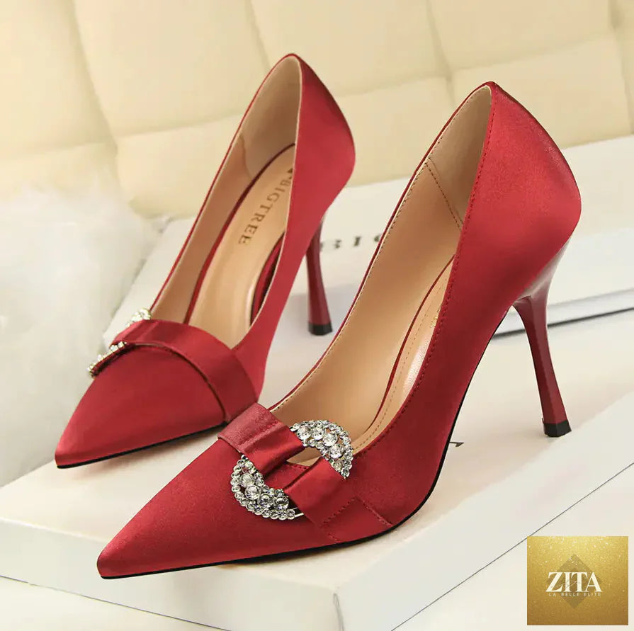 Elegant satin pointed toe high heel shoes for women with rhinestone buckle, designed by Trendy Attic Store01.