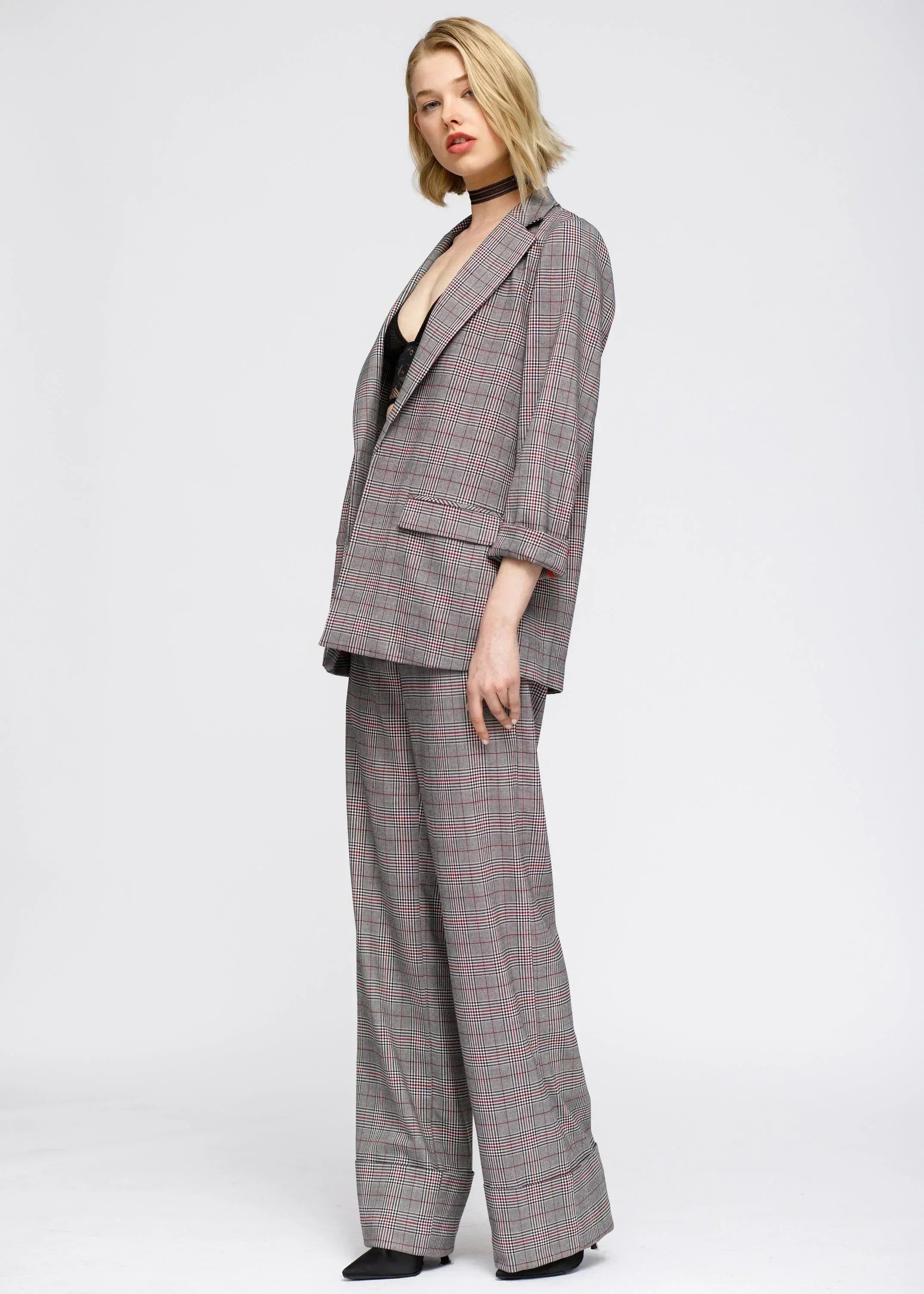 Women's grey and red multi-glen plaid blazer by Femstylo, tailored fit, suitable for professional or casual wear.