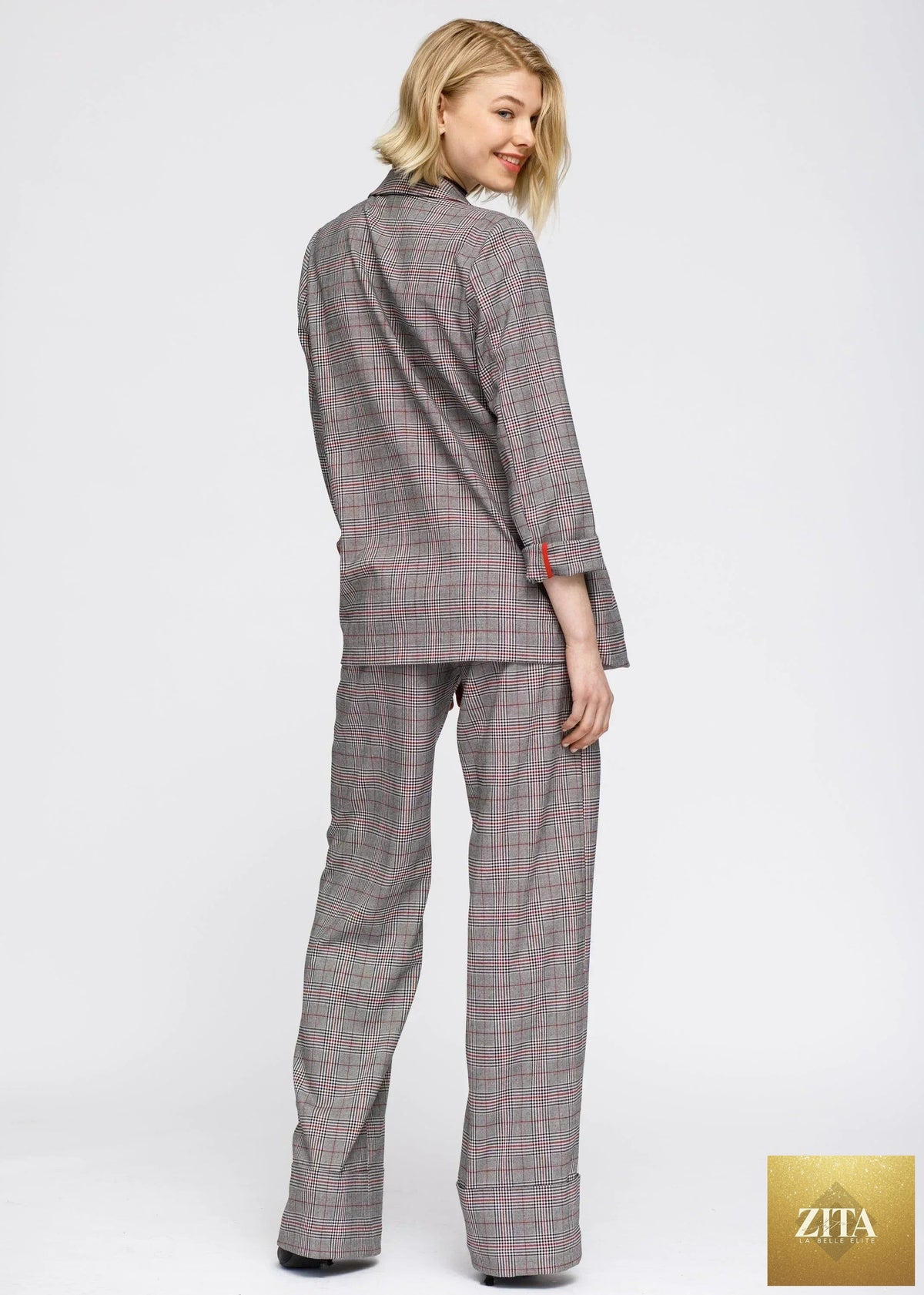 Grey multi-glen plaid blazer for women by Femstylo, featuring a comfort fit and tailored jacket design.