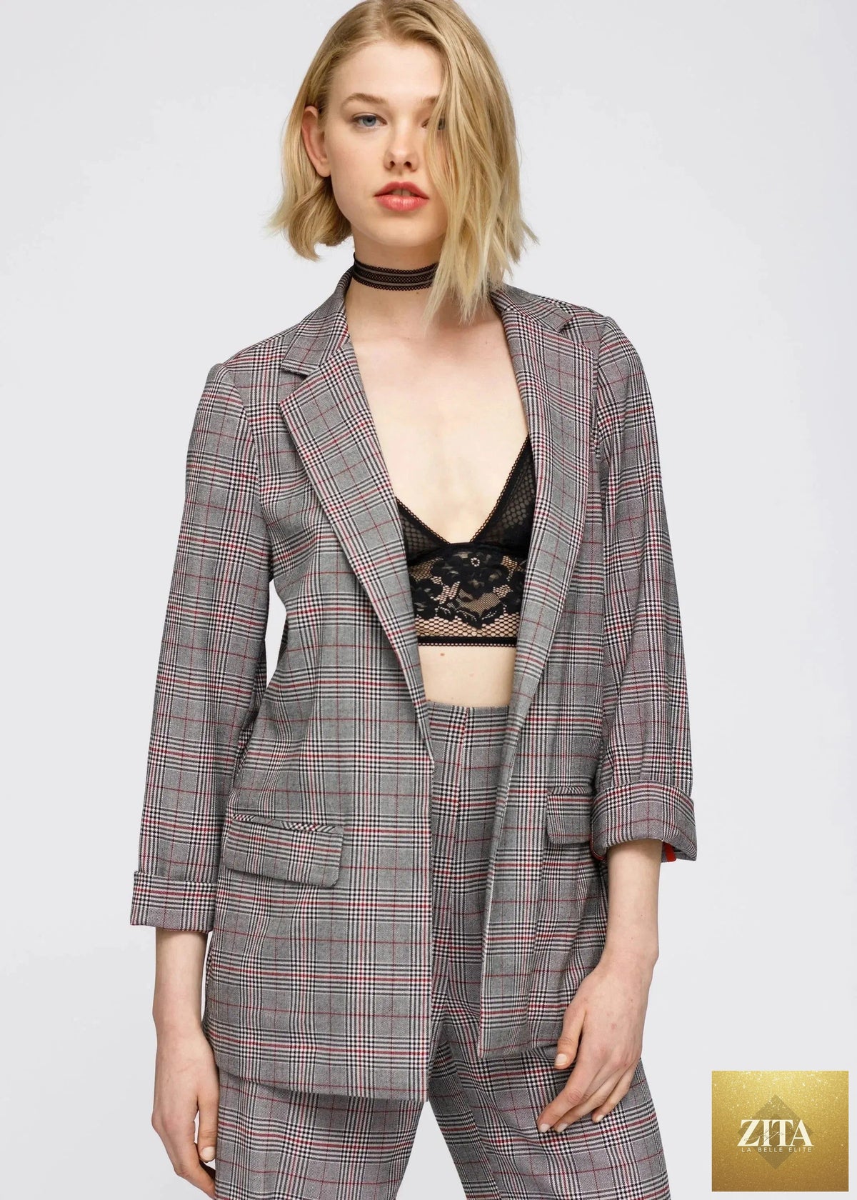 Grey multi-glen plaid blazer for women by Femstylo, featuring a comfort fit and tailored jacket style.