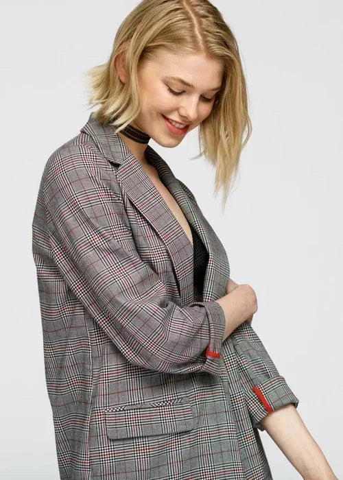 Grey multi glen plaid blazer by Femstylo, women's comfort fit suit jacket with tailored design and classic pattern.