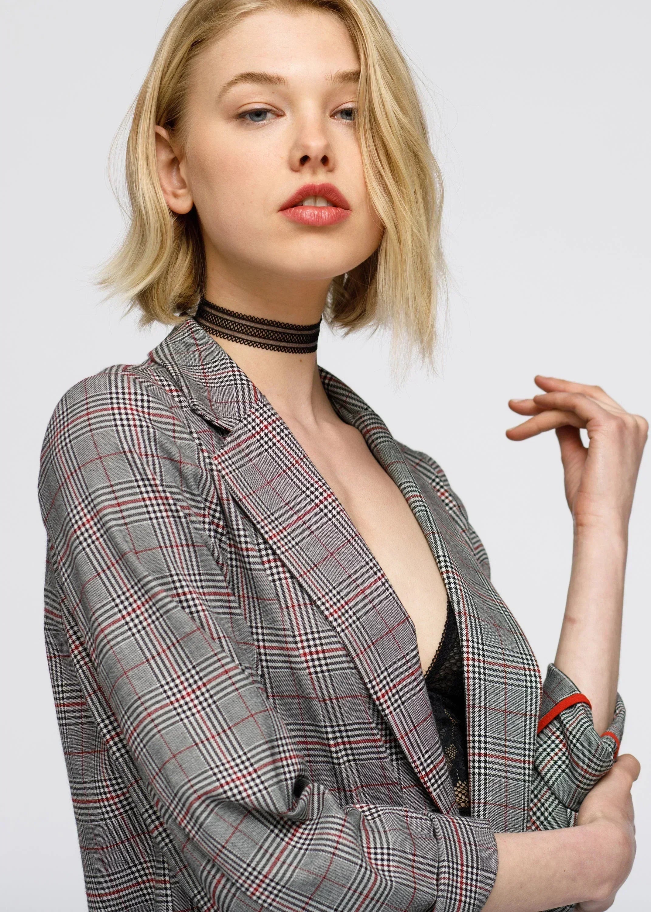 Grey multi-glen plaid blazer by Femstylo, women's comfort fit jacket with tailored design and classic pattern.