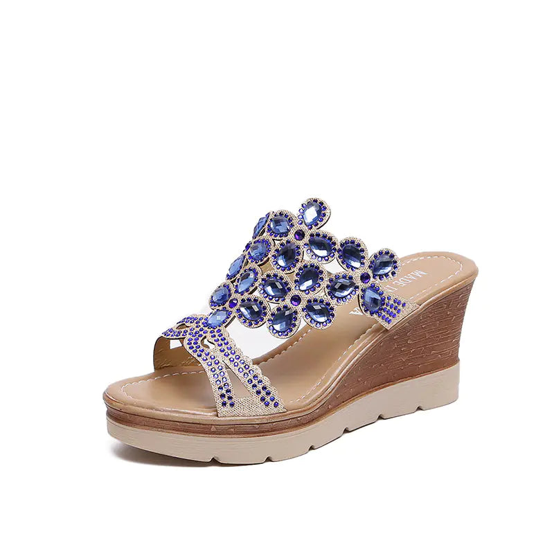 Women rhinestone platform sandals with heels, stylish slip-on slippers featuring sparkling embellishments and trendy design.