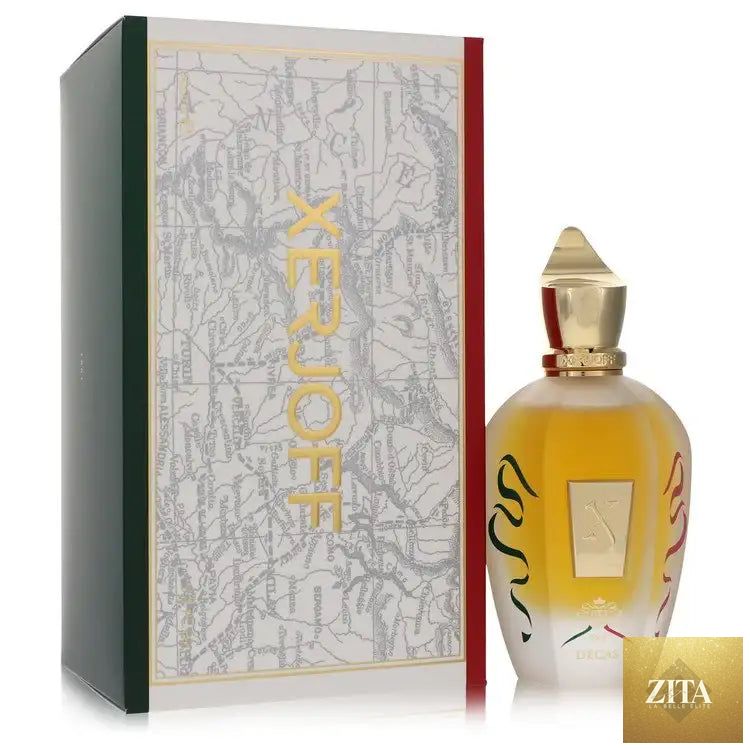 Unisex Xerjoff XJ 1861 Decas cologne bottle by Zita La Belle Elite, featuring elegant packaging and branding.