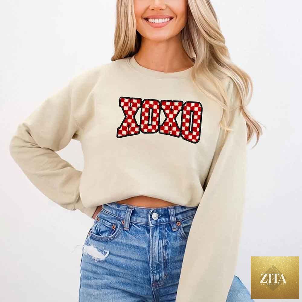 Adorb Custom Tees XOXO checkered Valentine sweatshirt with furry printed design, cozy and stylish sweater for special occasions.