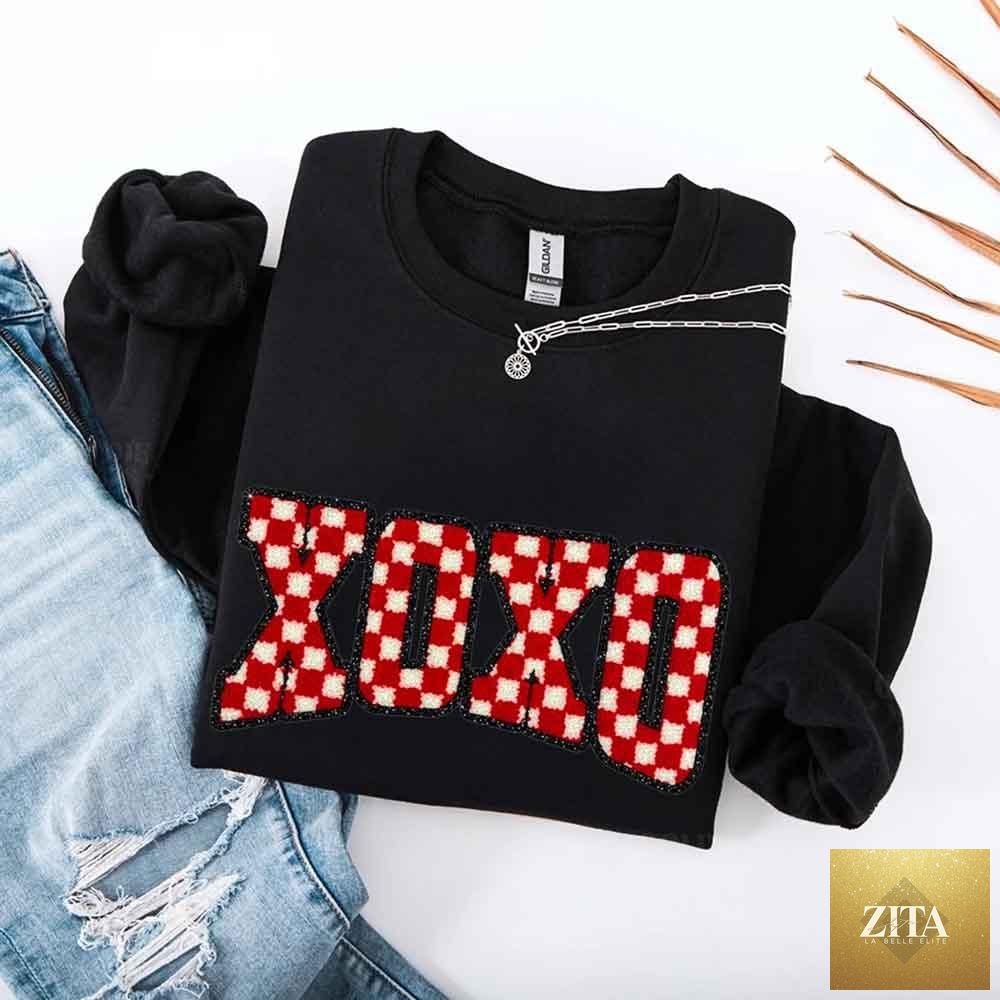 Furry checkered Valentine sweatshirt from Adorb Custom Tees featuring XOXO print and cozy, printed sweater style.
