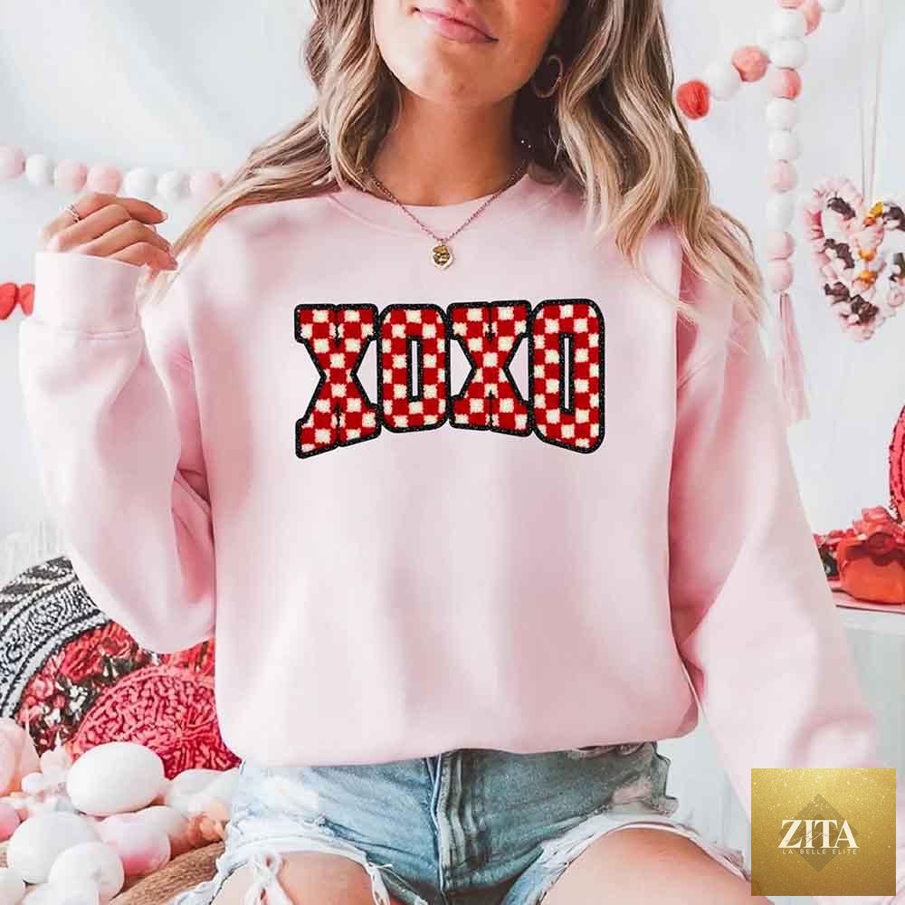 Furry printed XOXO checkered Valentine sweatshirt by Adorb Custom Tees featuring a cozy, stylish sweater with heart and checkered design.