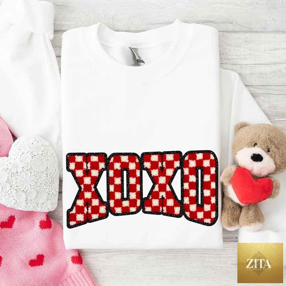 Furry checkered Valentine's sweatshirt by Adorb Custom Tees featuring XOXO print and cozy, printed sweater design.